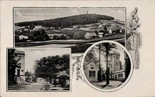 Ak Schwedenstein bei Pulsnitz, Panorama mit Schwedenstein, Gickelsberg, Häusern, Bäume