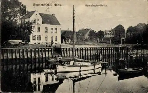 Ak Rönnebeck Blumenthal Hansestadt Bremen,  Rönnebecker Hafen, Boote im Wasser, Gebäude am Ufer