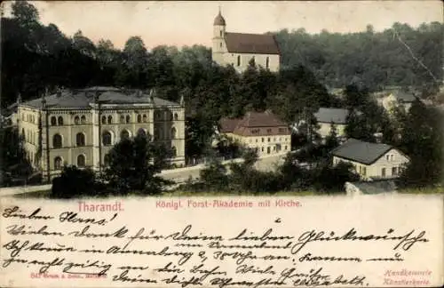 Ak Tharandt im Erzgebirge, Forst-Akademie, Kirche, handkolorierte Künstlerkarte