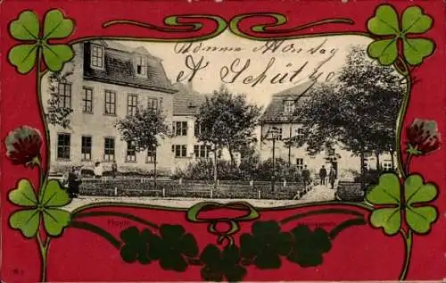 Ak Hoym in Anhalt, Historische Gebäude, Park mit Bäumen, n-Illustration, farbige Umrandung