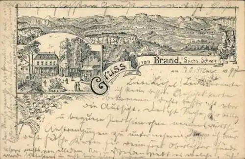 Litho Hohnstein Sächsische Schweiz, Brand, Gastwirtschaft, Panorama