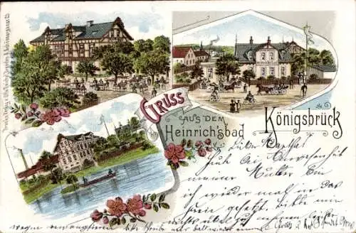 Ak Königsbrück in der Oberlausitz, Bilder vom Heinrichsbad, Schloss, Dorfansicht, Wasseransicht