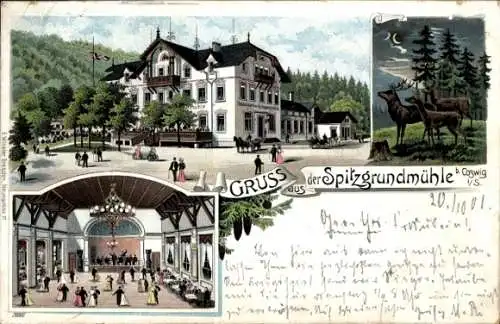 Ak Coswig in Sachsen,  mit Hotel Spitzgrundmühle, Tänzer und Natur, Gruß aus Coswig