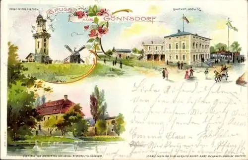 Litho Dresden Schönfeld Weißig Gönnsdorf, Gasthof, Rittergut, Turm, Windmühle