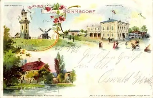 Litho Dresden Schönfeld Weißig Gönnsdorf, Gasthof, Rittergut, Turm, Windmühle