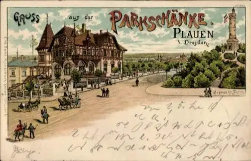 Ak Plauen im Vogtland, Historisches Gebäude, Parkschänke, Bismarckturm, Ziegengarten, Pferdewagen