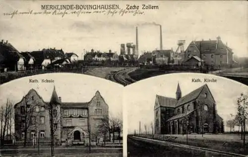 Ak Merklinde Castrop Rauxel im Ruhrgebiet, Zeche Zollern, Schule, katholische Kirche