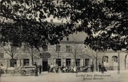 Ak Merklinde Castrop Rauxel im Ruhrgebiet, Gasthof Rose, Bahnhof, Pferde, Gäste, Umgebung