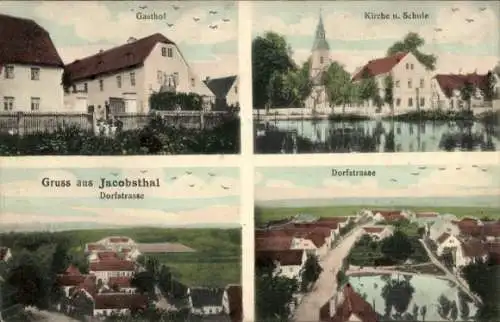 Ak Jacobsthal Zeithain in Sachsen, Dorfstraße, Gasthof, Kirche, Schule