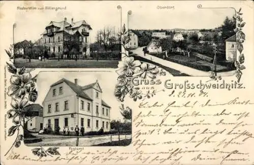 Ak Großschweidnitz in Sachsen, Drei Ansichten, Restauration zum Höllengrund, Oberdorf, Postamt