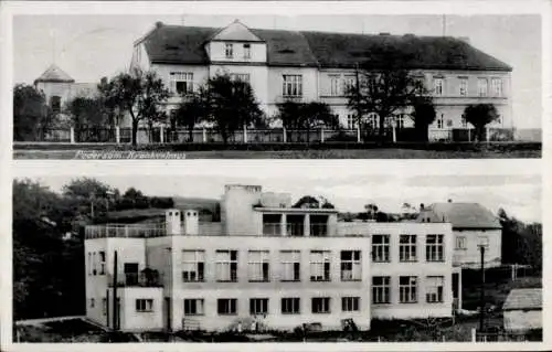 Ak Podbořany Podersam Region Aussig, Krankenhaus   Architektur, Schwarz-Weiß