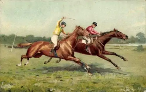 Litho Zwei Jockeys auf Rennpferden