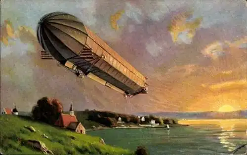 Künstler Ak Zeppelin über der Landschaft, Kirche am Ufer, Sonnenuntergang