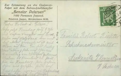 Ak Doppelschraubendampfer Senator Petersen, HADAG