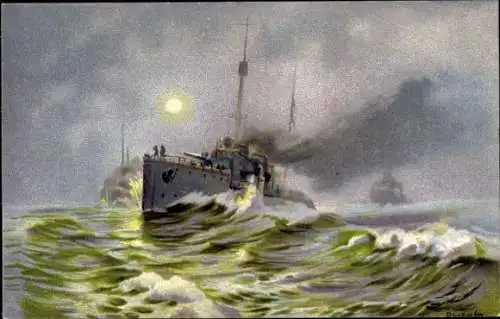 Künstler Ak Bloßfeld, Deutsche Flotte, Kriegsschiff, Im Nebel