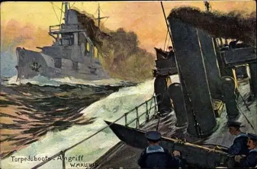 Künstler Ak Malchin, W., Torpedobootsangriff, Deutsche Marine Soldaten am Geschütz, Kaiserreich