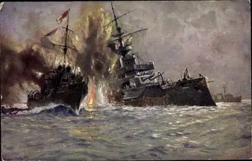 Künstler Ak Bohrdt, Hans, U-Boot U-21 Vernichtung des engl. Linienschiffes HMS Triumph, Dardanellen