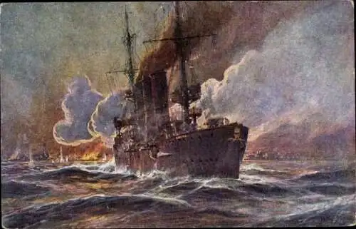 Künstler Ak Stöwer, Willy, SMS Emden beschießt Madras, Kreuzer, Kaiserliche Marine, I. WK