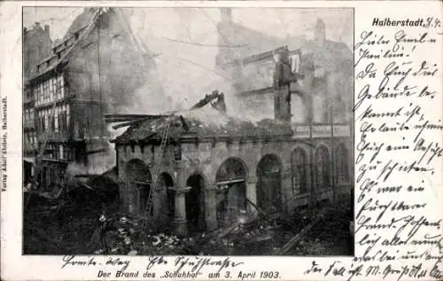 Ak Halberstadt am Harz, Brand des Schuhhof, 1903