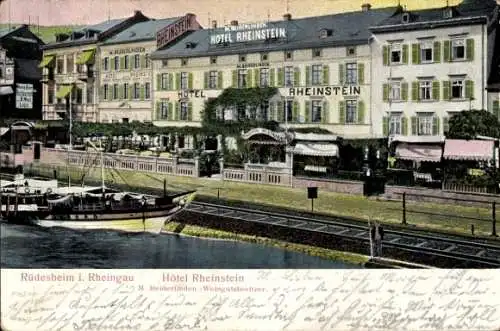 Ak Rüdesheim am Rhein, Hotel Rheinstein, M. Beiderlinden, Dampfer