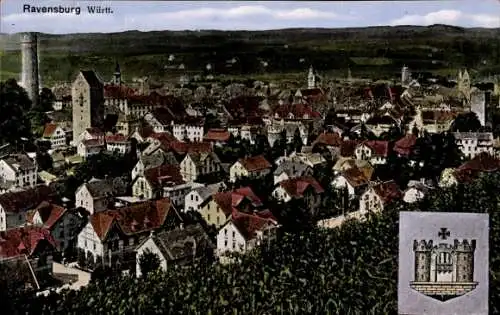 Ak Ravensburg in Württemberg Oberschwaben, Gesamtansicht, Wappen
