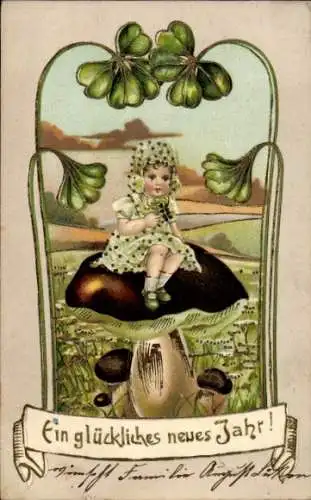 Präge Litho Fröhliches Neujahr, Kind sitzt auf einem Pilz, Kleeblätter