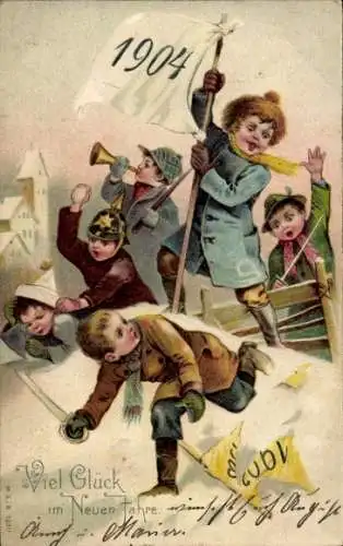 Präge Litho Fröhliches Neujahr, Kinder bei einer Schneeballschlacht, 1904