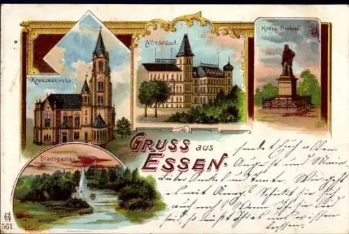 Litho Essen im Ruhrgebiet, Kreuzeskirche, Alfredusbad, Kruppdenkmal, Stadtgarten