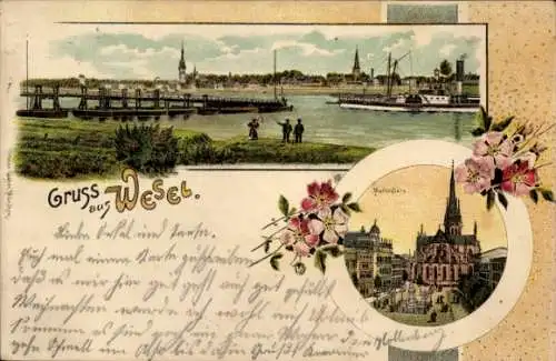 Litho Wesel am Niederrhein, Gesamtansicht, Marktplatz