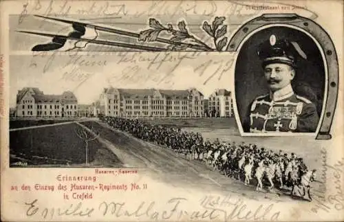Ak Krefeld am Niederrhein, Einzug Husaren-Regiment No. 11, Husarenkaserne, Oberstleutnant von Stosch