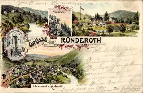 Litho Ründeroth Engelskirchen im Oberbergischen Kreis, Kriegerdenkmal, Totalansicht, Predigerstuhl