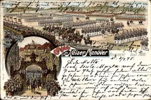 Litho Gruß vom Kaisermanöver, Rückkehr des Kaisers vom Paradefeld, Hannover 1898