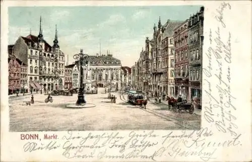 Litho Bonn am Rhein, Markt, Pferdestraßenbahn
