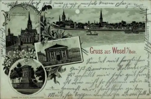 Mondschein Litho Wesel am Niederrhein, Marktplatz, Willibrordikirche, Berliner Tor, Denkmal