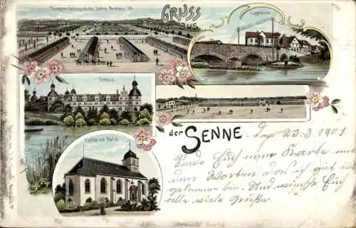 Litho Paderborn Westfalen, Sennelager, Truppenübungsplatz Senne, Kirche, Schloss Neuhaus, Brücke