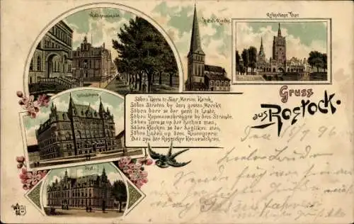 Litho Rostock in Mecklenburg, Wallpromenade, Kröpeliner Tor, Ständehaus, Petrikirche, Söben Törn