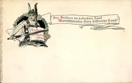 Ak Kriegerin mit Schwert, Den Brüdern im bedrohten Land, Warmfühlendes Herz...