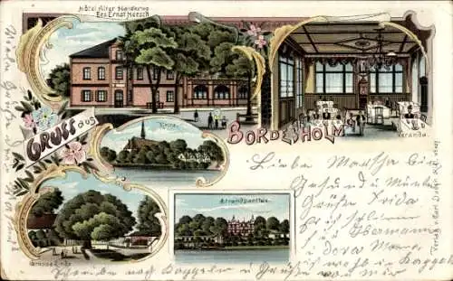 Litho Bordesholm in Holstein, Hotel Alter Heidekrug, Strand, Kirche, Große Linde