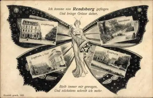 Schmetterling Ak Rendsburg in Schleswig Holstein, Stadthalle, Jungfernstieg, Post