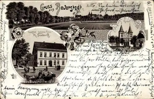 Litho Beverstedt in Niedersachsen, Gasthof goldene Krone, H. Seedorff, Kirche, Panorama
