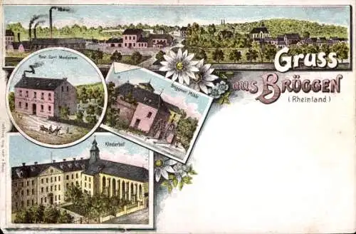 Litho Brüggen am Niederrhein, Gesamtansicht, Klosterhof, Fabrik, Mühle