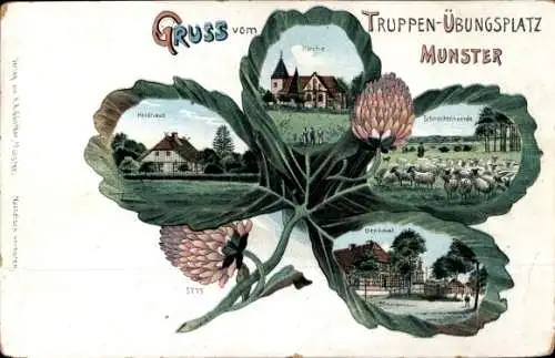 Kleeblatt Litho Munster im Heidekreis, Truppenübungsplatz Munsterlager, Schnuckenherde, Kirche