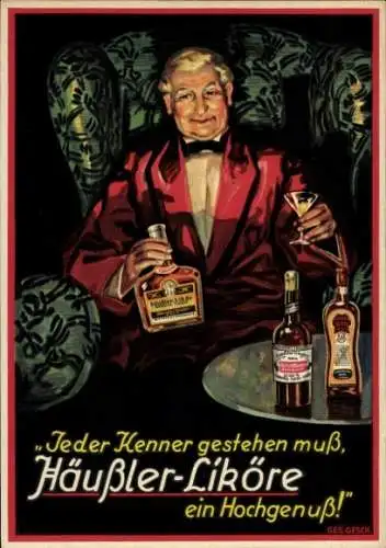 Ak Häußler Liköre, Mann in Sessel, Likörfabrik, Curacao, Brandy