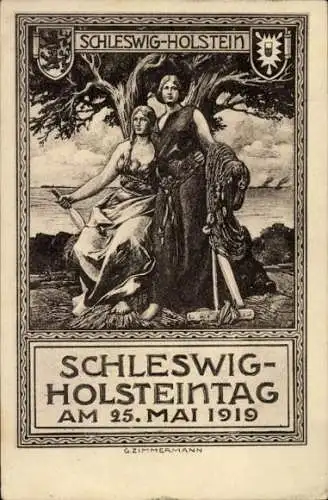 Wappen Künstler Ak Zimmermann, G., Schleswig Holstein Tag 1919, Allegorie, Fischen, Landwirtschaft