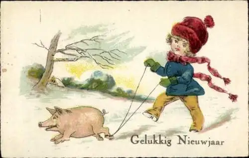 Ak Glückwunsch Neujahr, Mädchen, Schwein, Spaziergang
