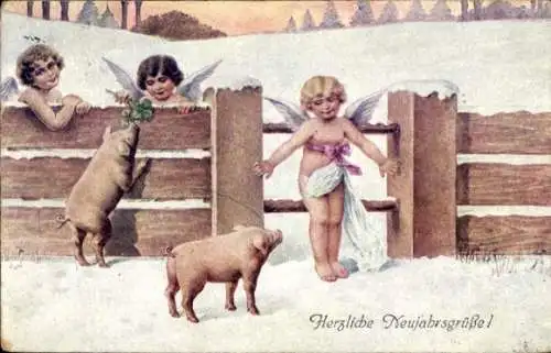 Ak Glückwunsch Neujahr, Engel, Schweine