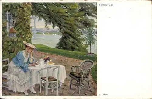 Künstler Ak Cucel, E., Sommertage, Frau am Tisch