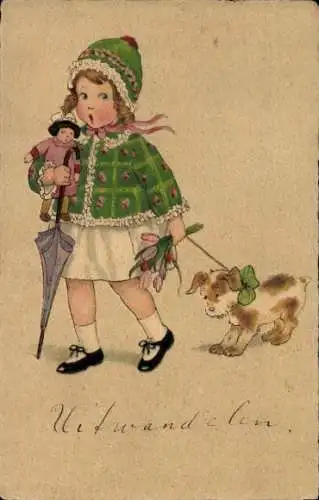 Künstler Ak Mädchen mit Hund, Puppe
