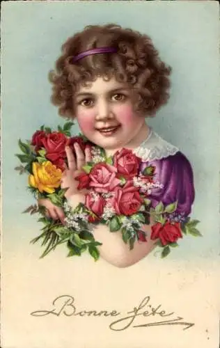 Ak Bonne fete, Mädchen mit Rosen