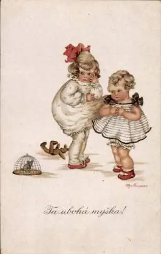 Ak Ich wünsche alles Gute!, Kinder fangen Maus